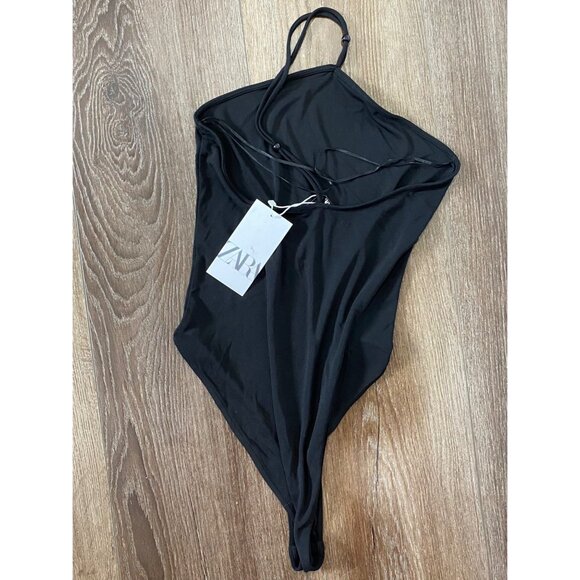 Zara NWT Asymmetrical Black Bodysuit With Spaghetti Straps  womens Size M - Picture 3 of 5